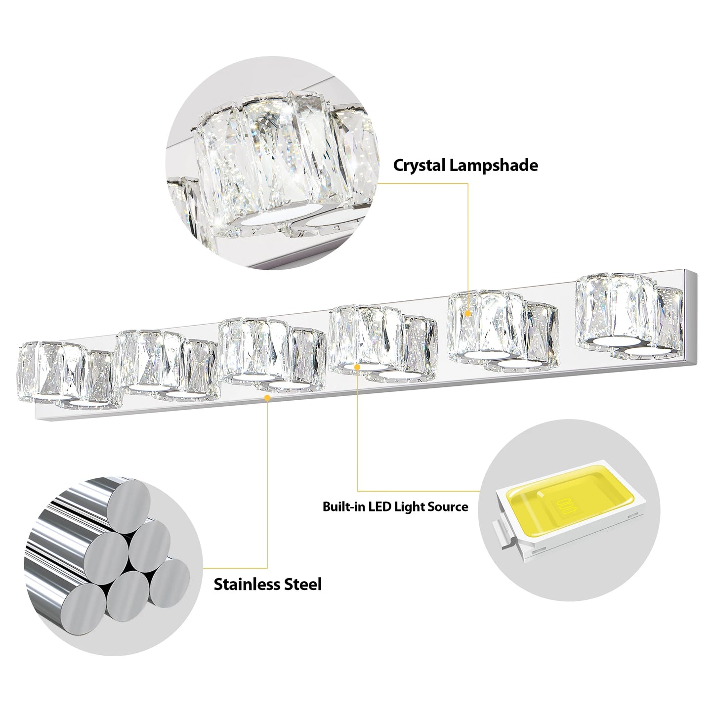 41" Modern Crystal 6-Light LED Wall Sconce-Elegant Chrome Bathroom Vanity Light with Clear Crystal Shades for Bathroom,Bedroom