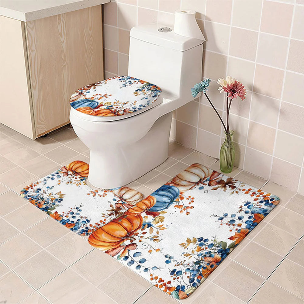 Shower Curtain Set Including Rugs Mats Hooks Bathroom Thanksgiving Decor, 4 Piece
