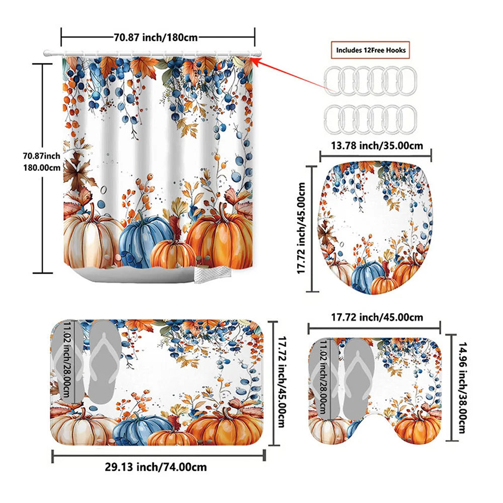 Shower Curtain Set Including Rugs Mats Hooks Bathroom Thanksgiving Decor, 4 Piece