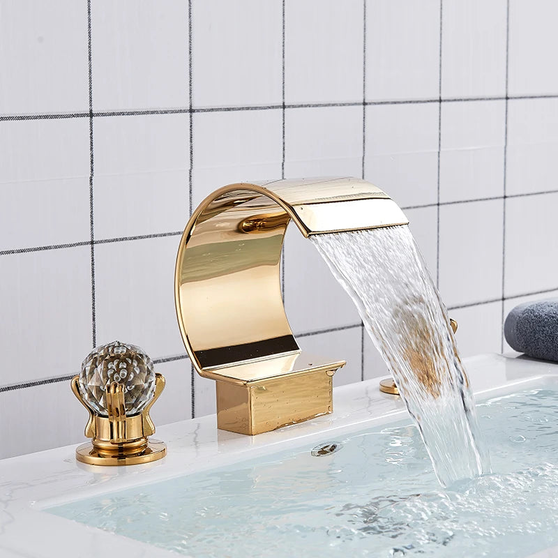 3Pcs Golden Bathroom Basin Faucet Crystal Handle Widespread Hot Cold Water Mixer Tap Waterfall Bathroom Faucet Crane torneiras