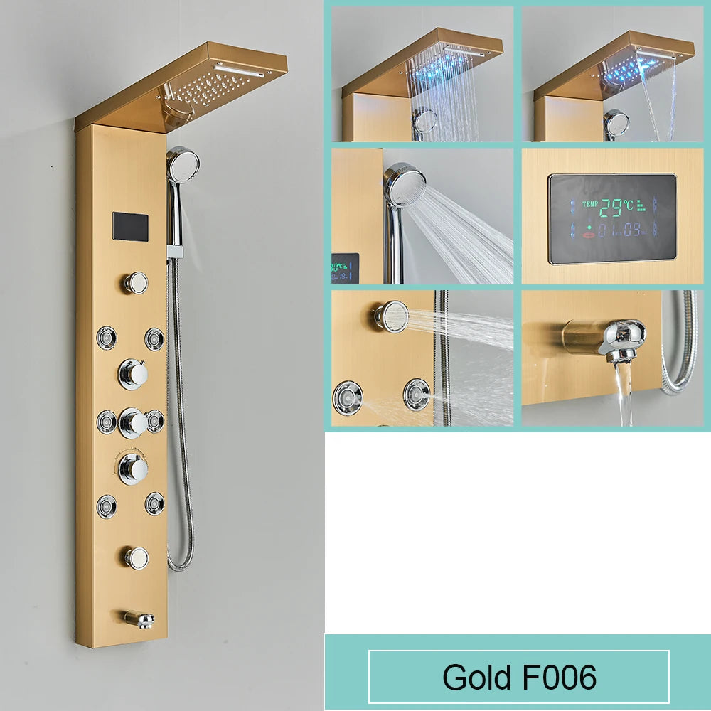 Black LED Light Shower Panel Waterfall Rain Shower Faucets SPA Massage Jet Bath Shower Column Shower system Mixer Tap Tower