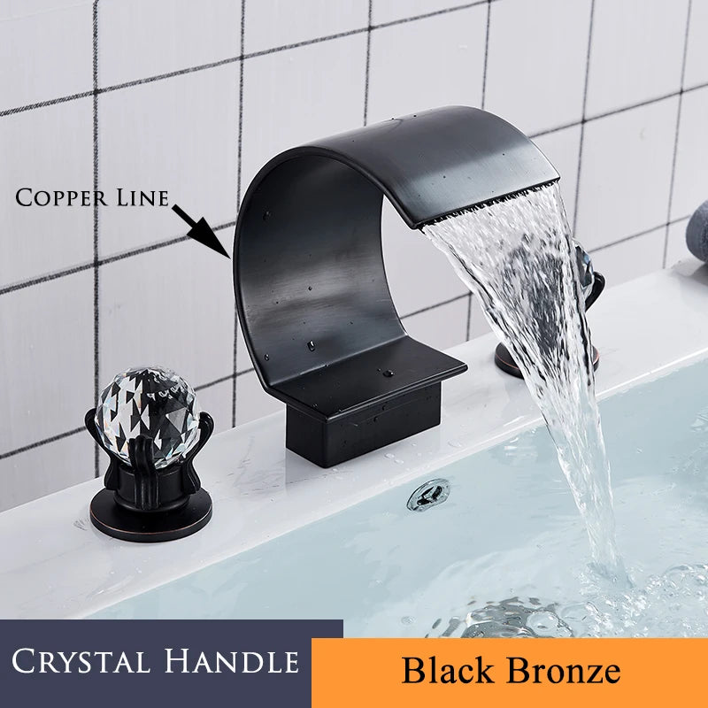 3Pcs Golden Bathroom Basin Faucet Crystal Handle Widespread Hot Cold Water Mixer Tap Waterfall Bathroom Faucet Crane torneiras