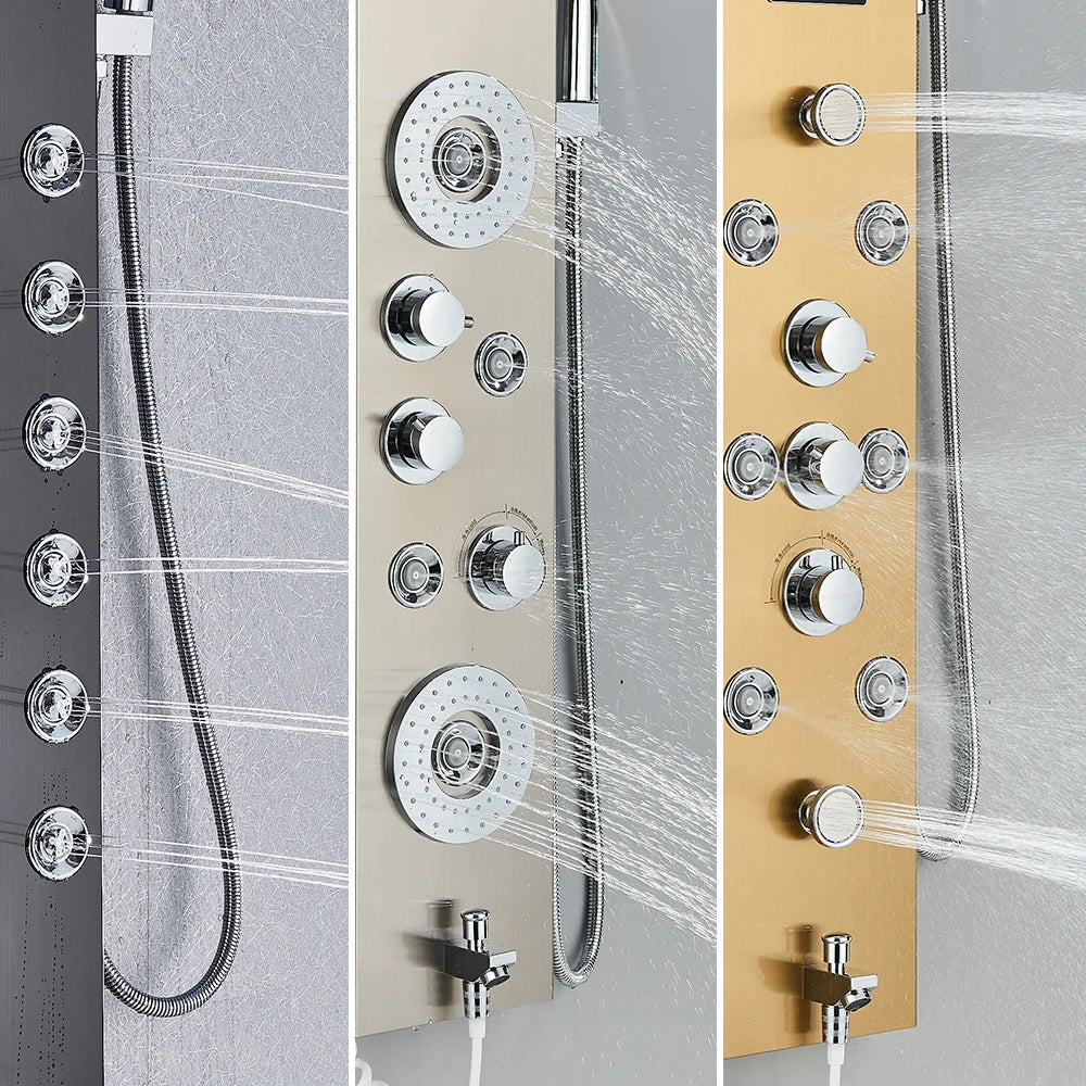Golden Bathroom Shower Panel Column LED Rain Waterfall Shower Column Black Digital Temperature Display Bidet Spray Gun Spa Jets