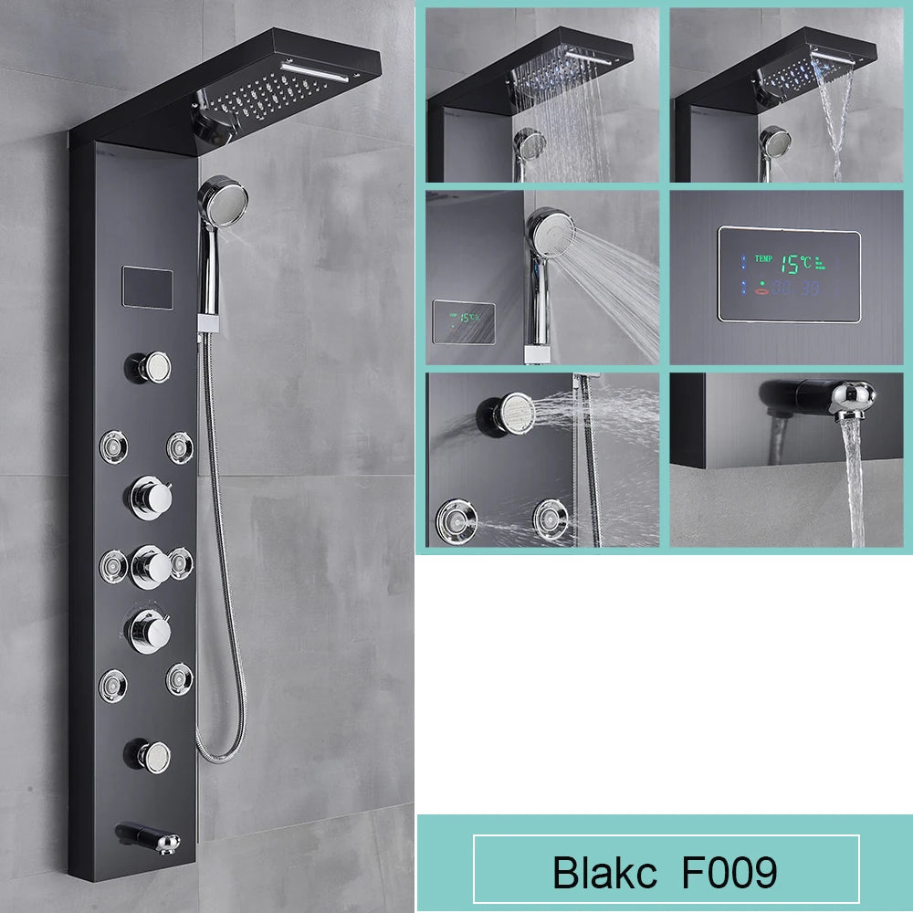 Black LED Light Shower Panel Waterfall Rain Shower Faucets SPA Massage Jet Bath Shower Column Shower system Mixer Tap Tower