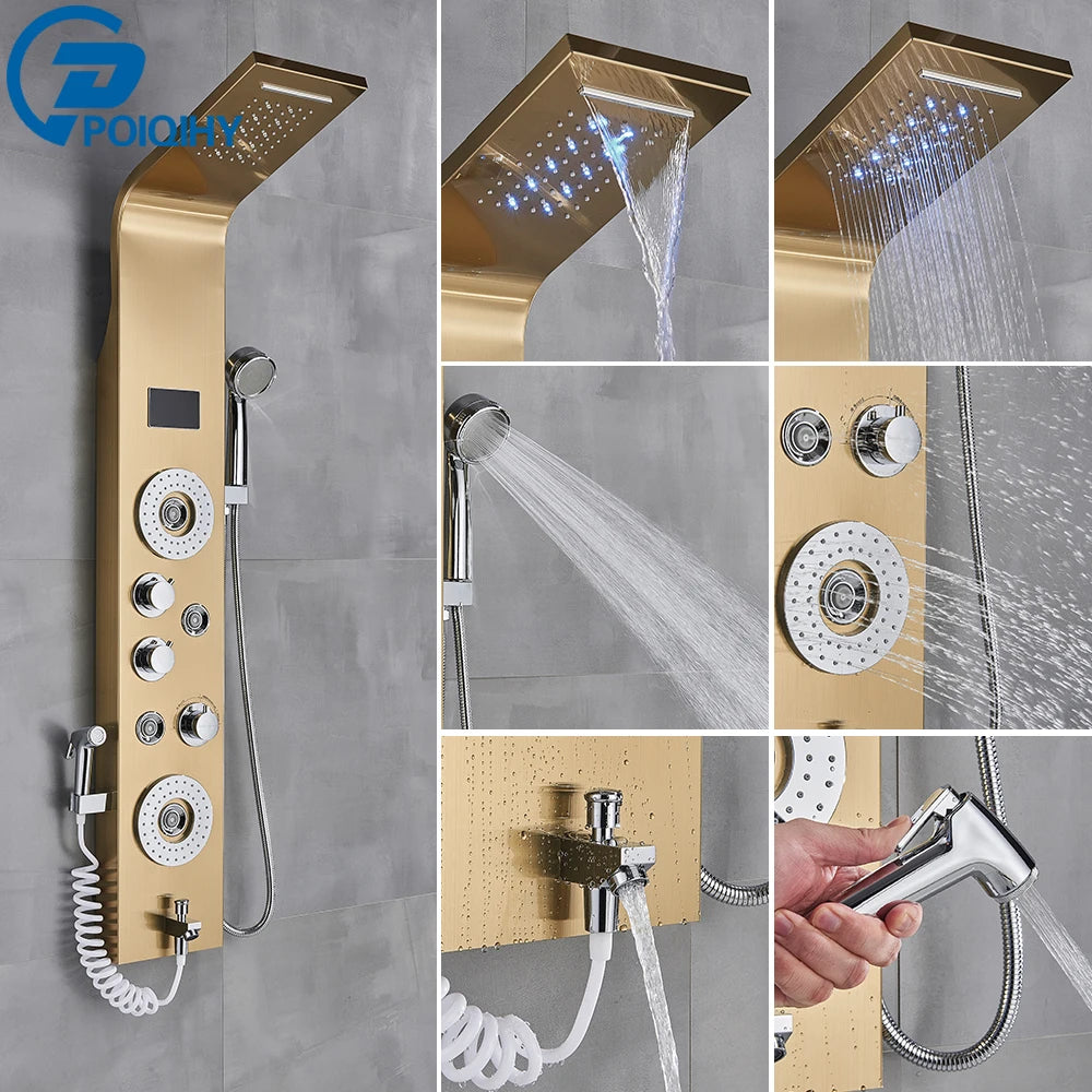 Golden Bathroom Shower Panel Column LED Rain Waterfall Shower Column Black Digital Temperature Display Bidet Spray Gun Spa Jets