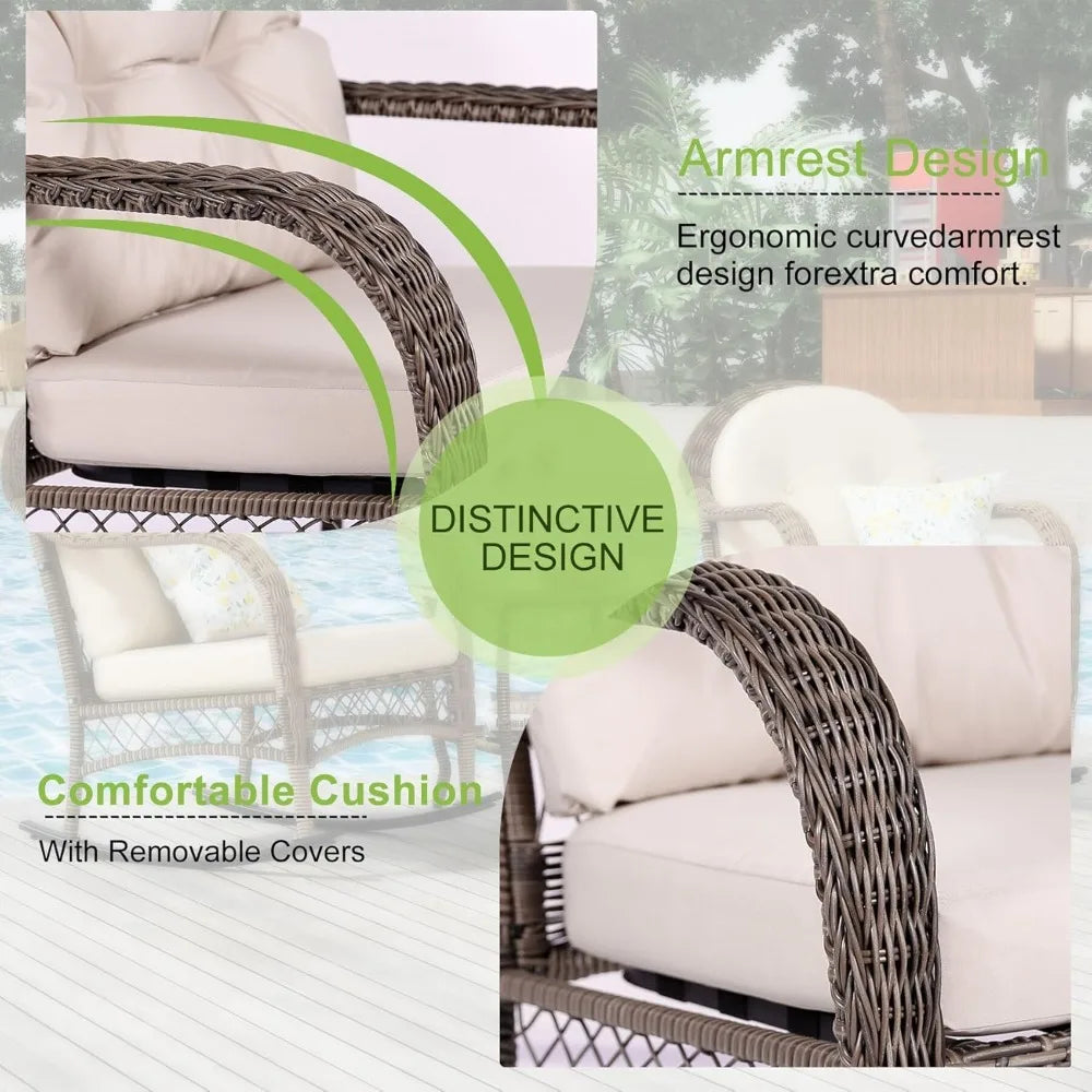 3 Pieces Patio Conversation Set, Lounge Rocking Chair with Cushion and Coffee Table, Wicker Bistro Set, Outdoor Furniture for Po