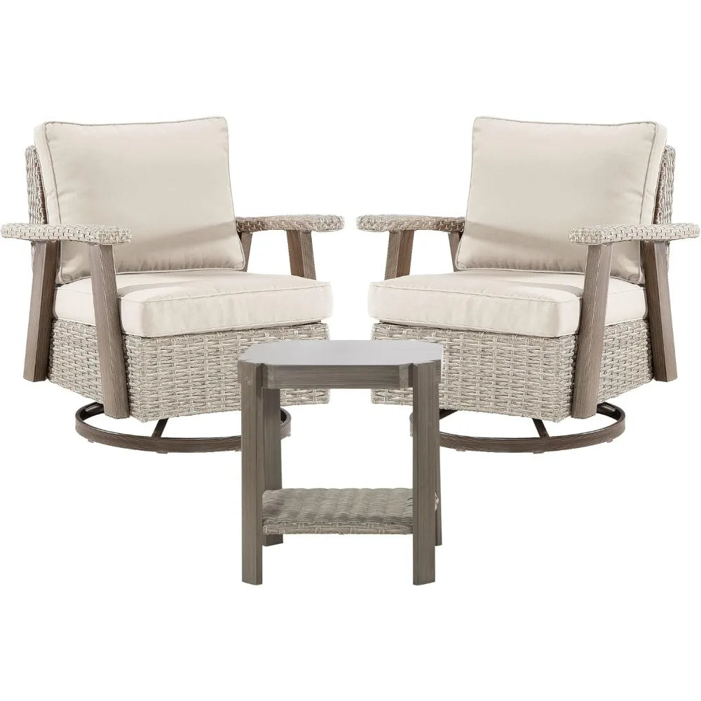 3 Pieces Patio Furniture Set, 2 Seats High Back Rattan Glider Swivel Chairs and Side Table, Outdoor High Back Wicker Furniture