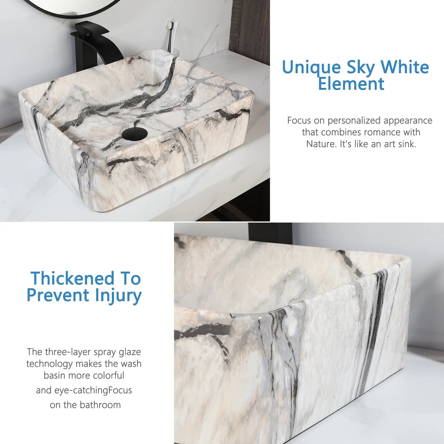 ZAPPO Bathroom Vessel Sink Ceramic Vessel Sink with Faucet Combo Rectangular Marble Vanity Sinks for Bathrooms Above Counter
