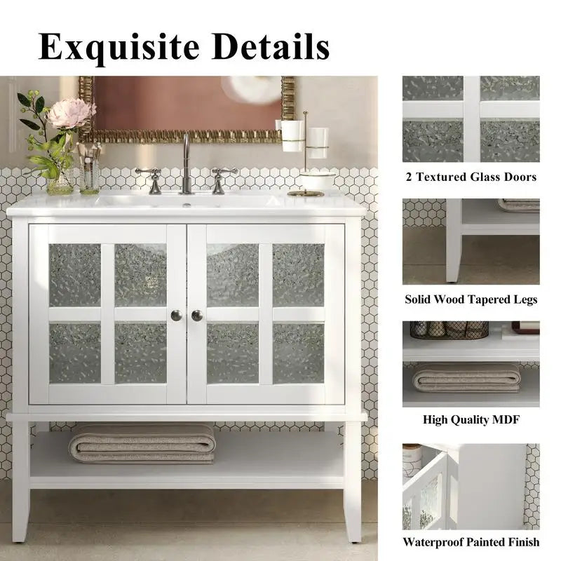 36" Bathroom Vanity with Ceramic Sink and Adjustable Open Shelf, Solid Wood Legs, Waterproof Finish, Silver Knobs, Soft Close
