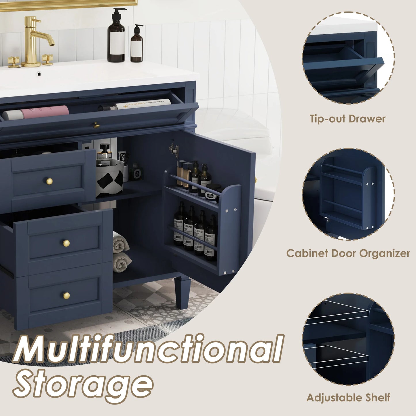 SH.KL 36" Bathroom Vanity with Sink, Modern Black Bathroom Vanity with Soft Close Doors,Bathroom Cabinet with Ceramic Sink
