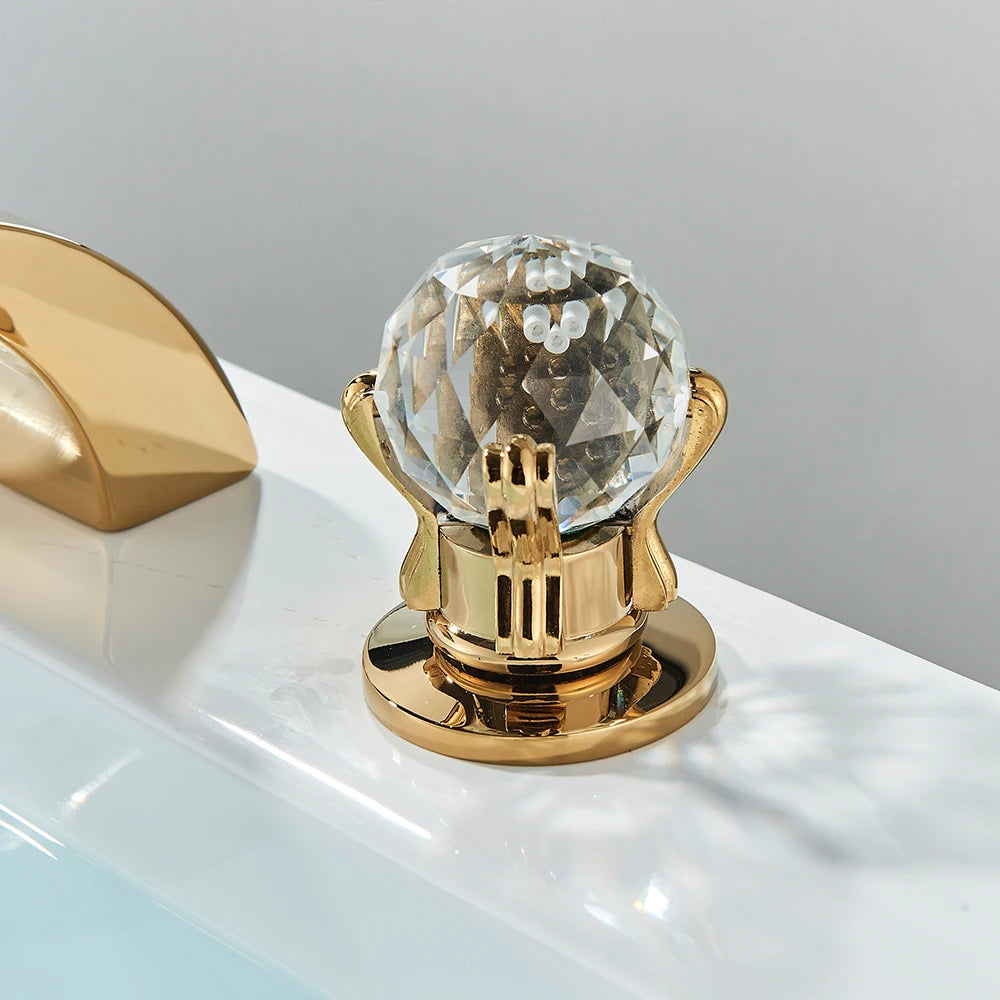 LED Widespread Bathroom Faucet Waterfall Gold Polished Lavatory Faucets Basin Mixer Tap 2 Crystal Knobs 3 Holes