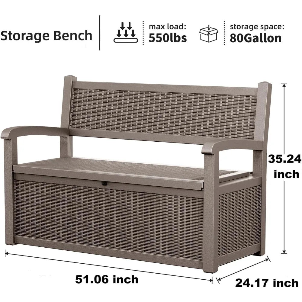 80 Gallon Storage Bench Deck Box Outdoor with Armrests,Storage Furniture Waterproof Lockable for Porch Patio and Garden(Gray)
