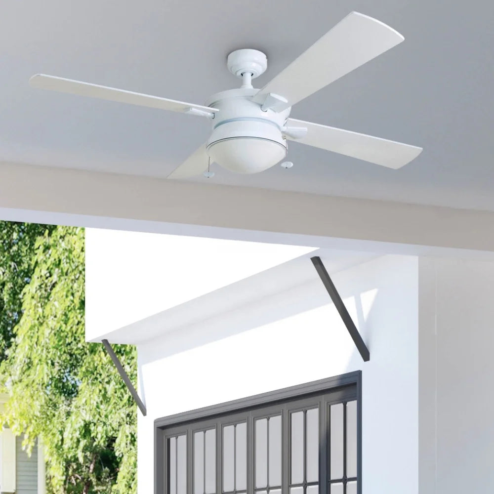 52 Inch Indoor Outdoor Ceiling Fan with 4 Blades Light Kit Quiet Reversible Motor Pull Chains Dual Mount Energy Efficient