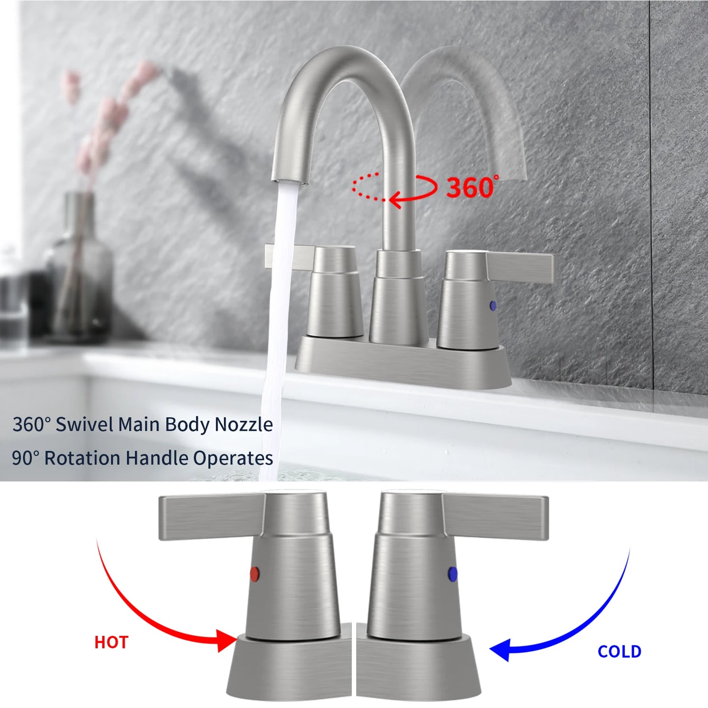 Bathroom Faucet Brushed Nickel 2-Handle Bathroom Sink Faucet 360 Degree High Arc Swivel Spout Centerset 4 Inch Vanity Faucet RV