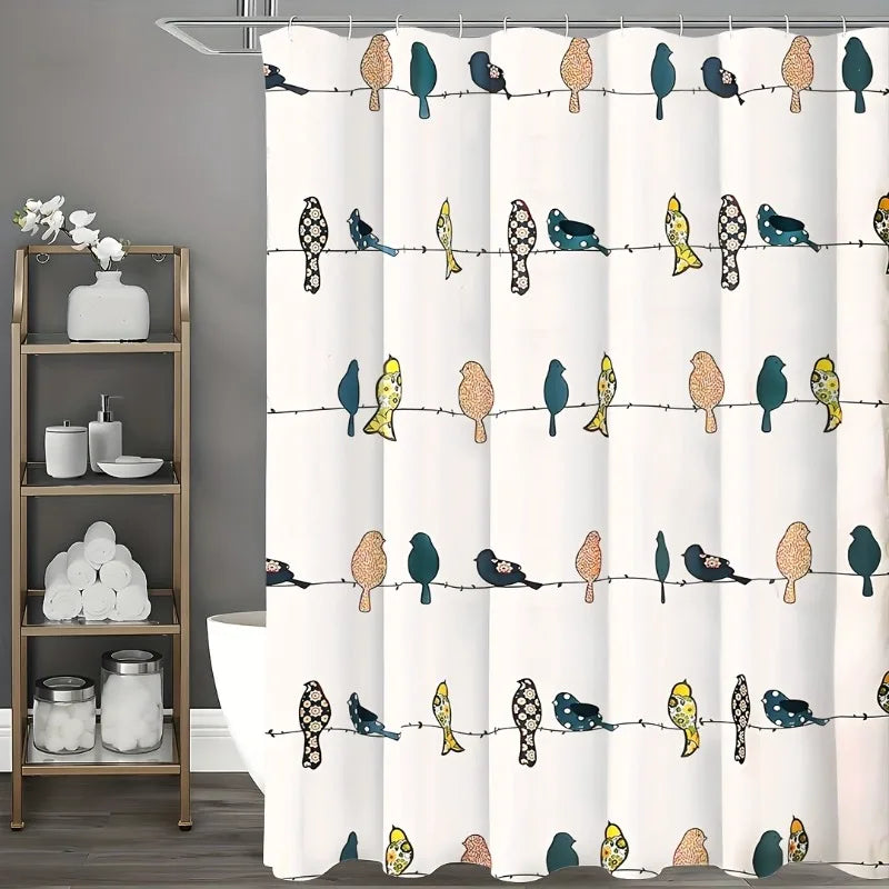 Birds Shower Curtain, Multi - Colorful Floral Bird Pattern - Whimsical & Playful Bird Shower Curtain - Farmhouse, Coastal