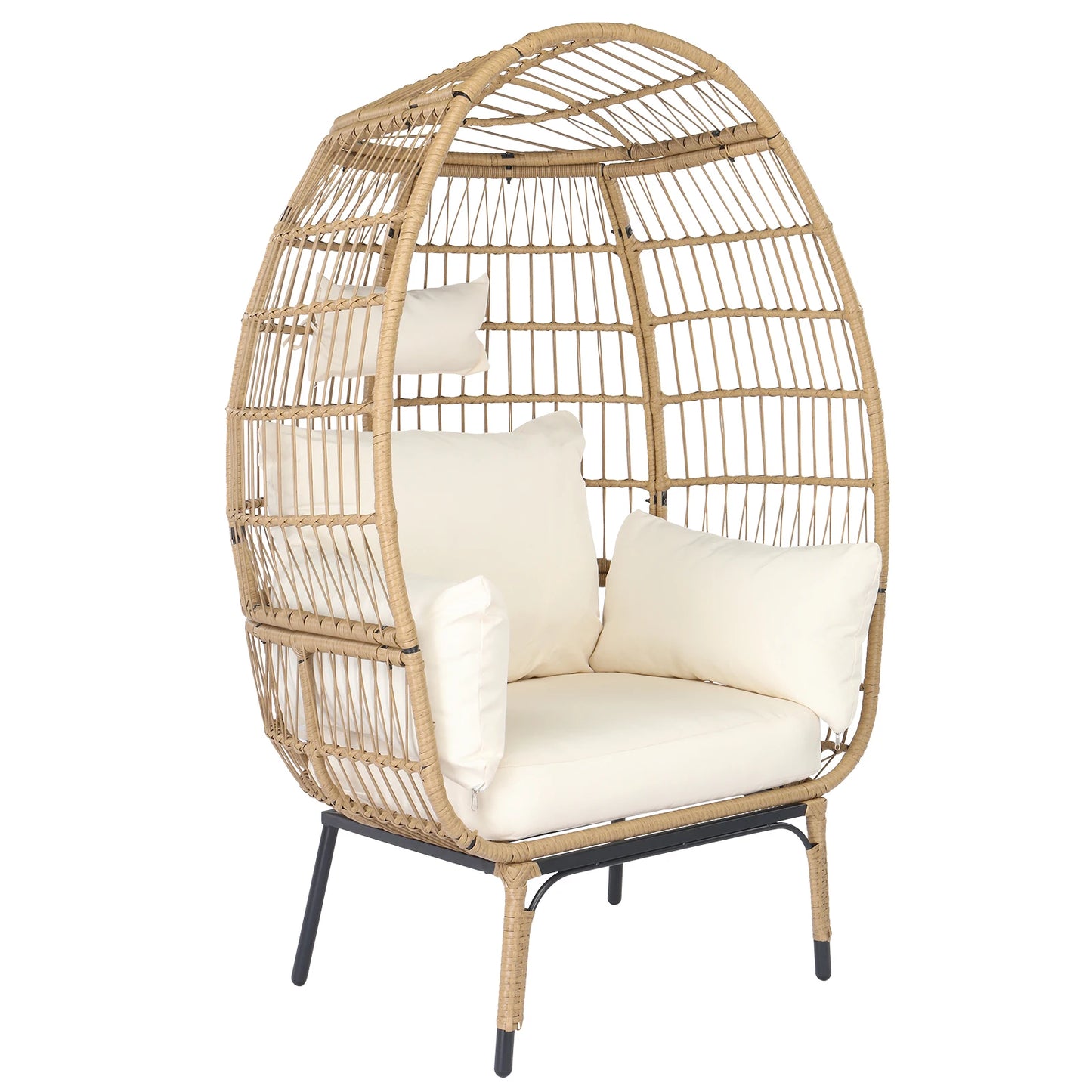 Wicker Egg Chair, Oversized Indoor Outdoor Lounger with Stand and Cushions Beige Rattan & Creamy White Cushion