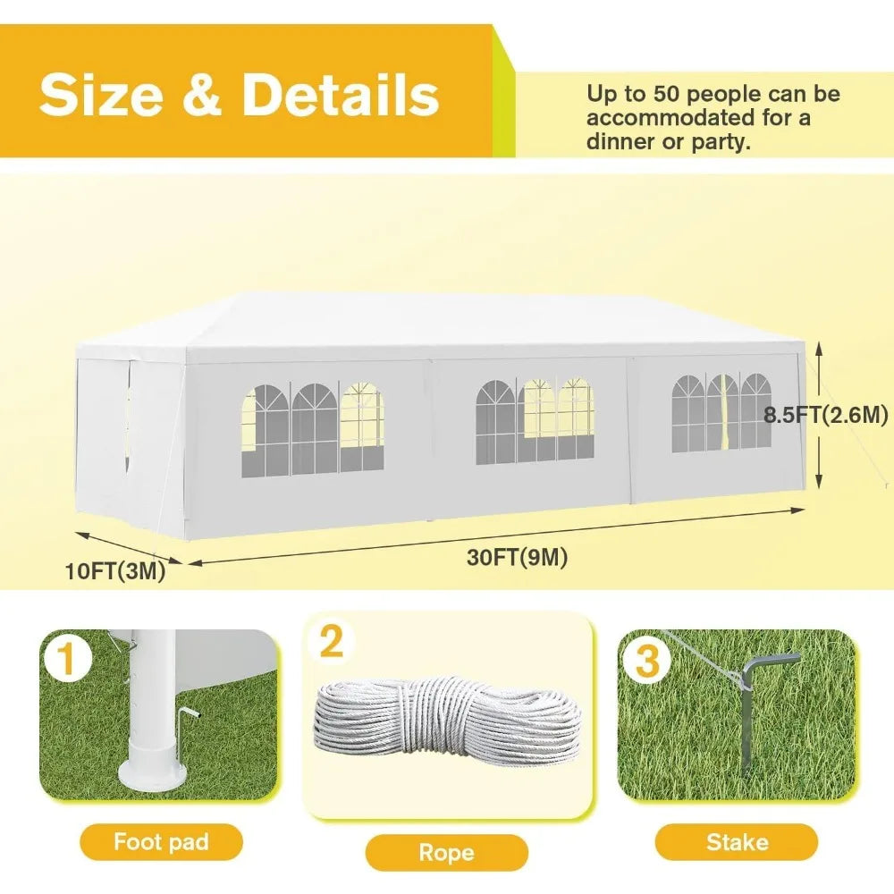 10'x30' Heavy Duty White Party Tent, Waterproof Outdoor Wedding Canopy for Backyard, Patio, Events, Large Event Tent with Sidew