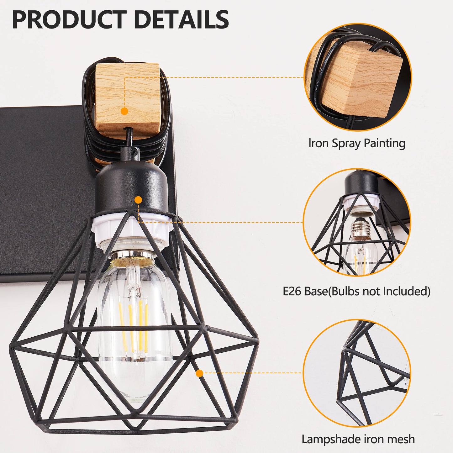 38" Modern Geometric 6-Light Vanity Light Fixture with Black Metal, Wooden Accents and Cage Lampshade
