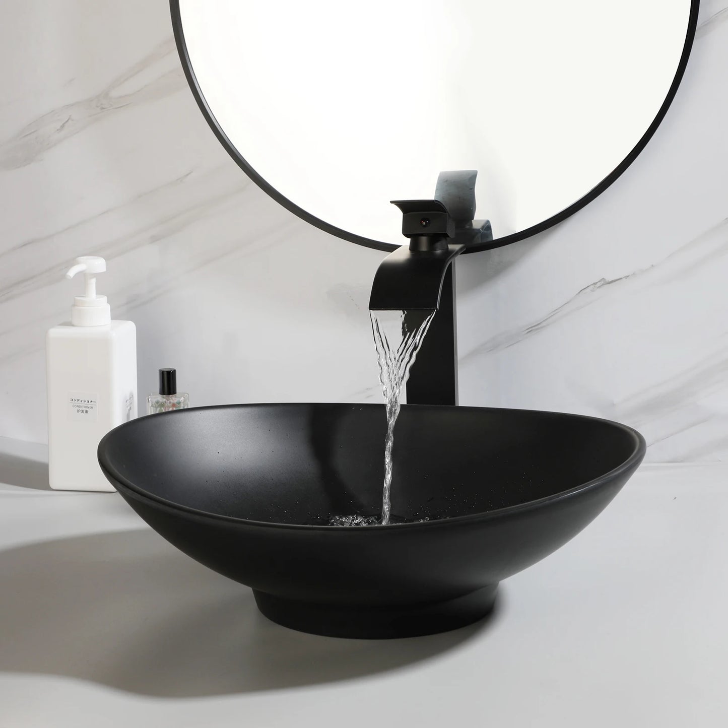 Monite Matte Black Bathroom Sink Faucet Set Modern Stone Resin Basin W/ Waterfall Tap Pop Up Drain Combo Art Oval Vessel Sinks