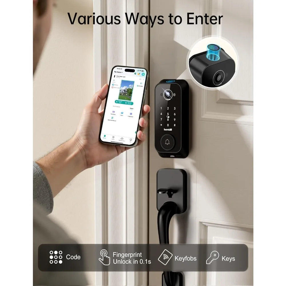 Smart Front Door Lock Sets: 2K HD Camera Lock with Doorbell Kits, Hornbill Fingerprint Keyless Entry Door Lock with Handles, WiF