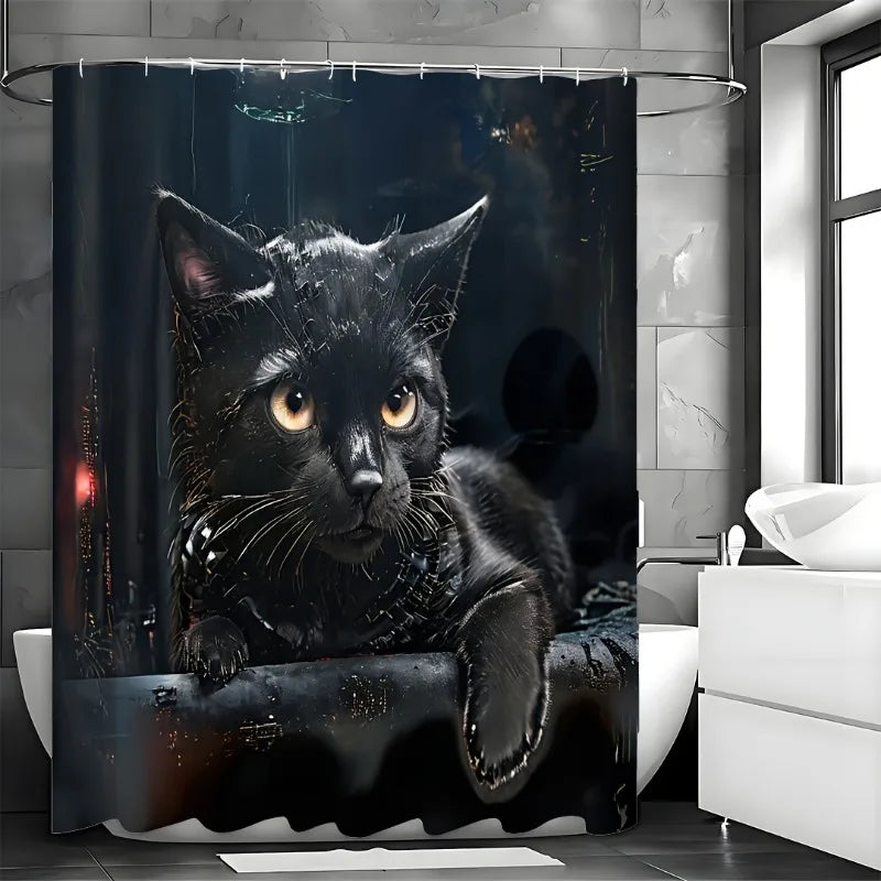 1pcs Cute Cat Shower Curtain, Waterproof Shower Curtain with 12 Hooks, Bathroom Decor, Shower Curtain Sets for Bathrooms