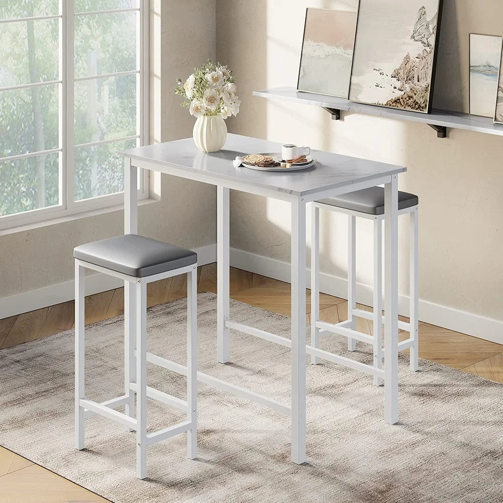 Counter Height Dining Table Set with 2 Cushioned Stools Modern Space Saving Design Faux Marble Top Indoor Use