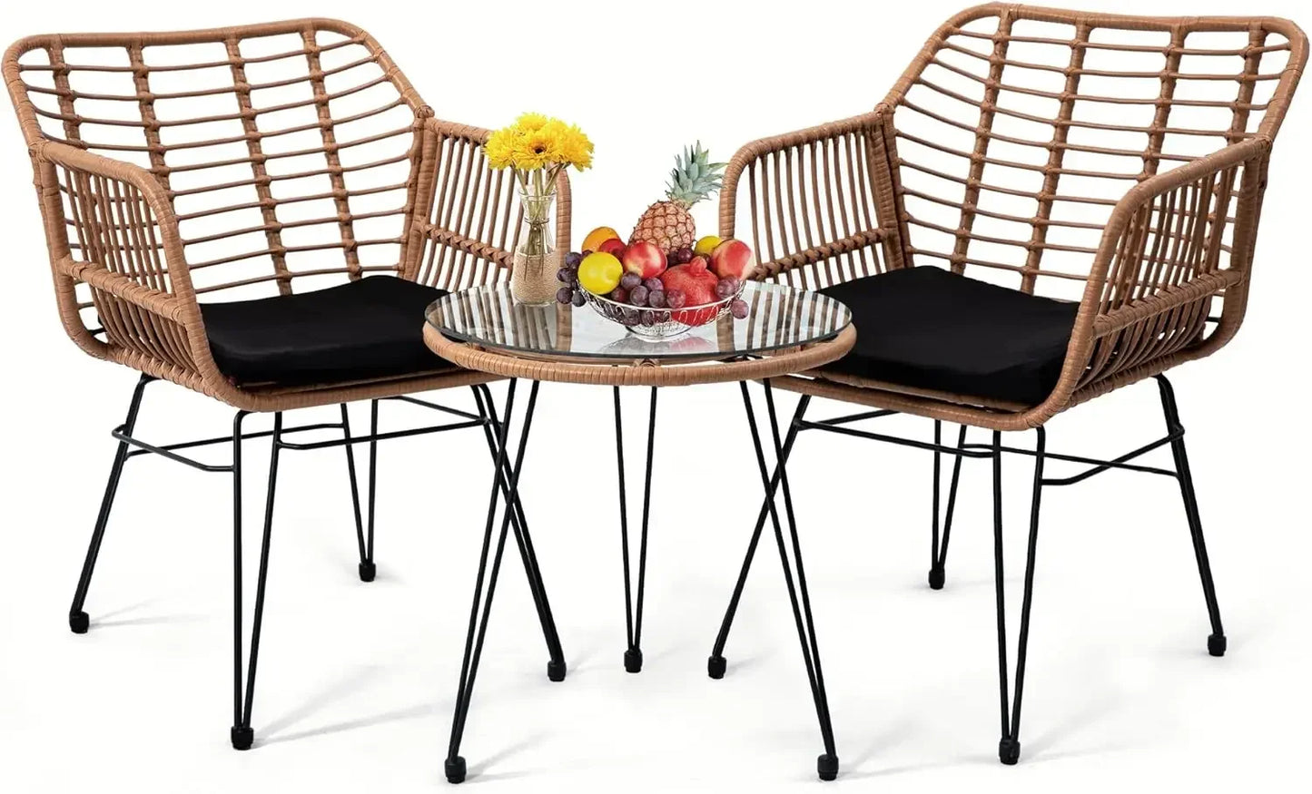 5 Piece Wicker Bistro Patio Conversation Furniture Set, Includes 2 Chairs, 2 Ottomans, and Side Table, Ideal for Porch, Balcony