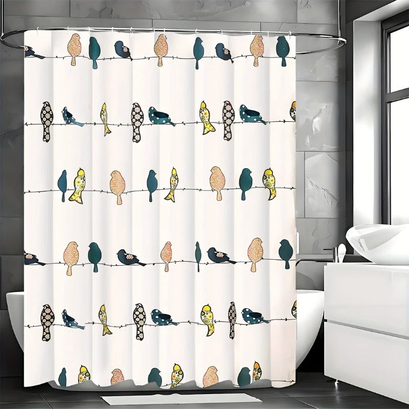 Birds Shower Curtain, Multi - Colorful Floral Bird Pattern - Whimsical & Playful Bird Shower Curtain - Farmhouse, Coastal
