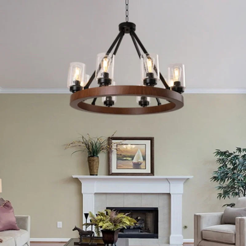 Large Rustic Chandelier with Glass Shades 6-Light Fixture Pendant Lamp for Dining Room and Bedroom Vintage Indoor Ceiling Lights