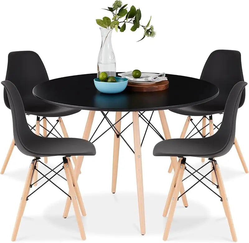 5-Piece Dining Set, Compact Mid-Century Modern Table & Chair Set for Home, Apartment w/ 4 Chairs, Plastic Seats, Wooden Legs