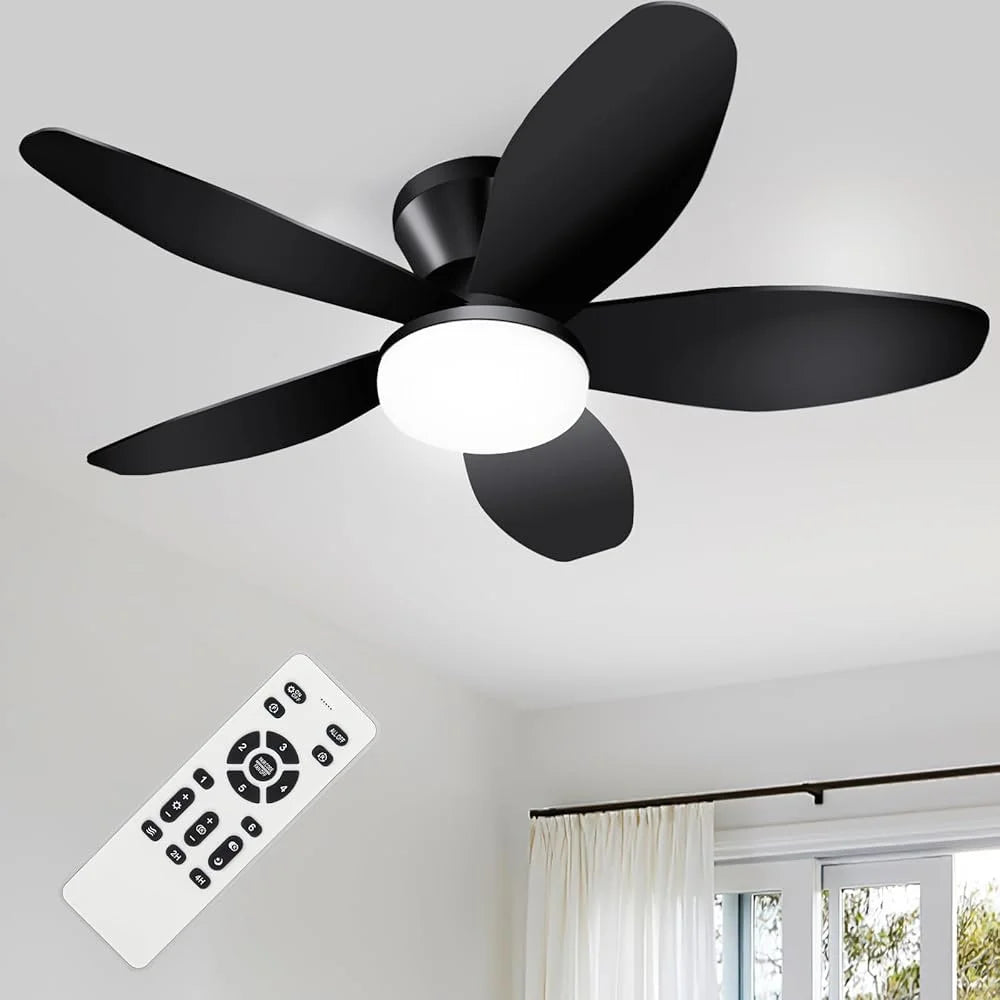 Small Ceiling Fan with Lights Remote Control Low Profile 35 Inch Flush Mount 6 Speed Reversible DC Motor Quiet LED Light Timer