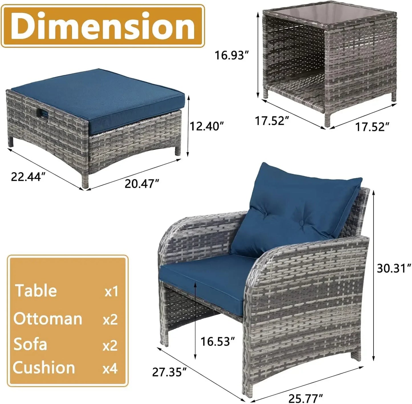 Outdoor Patio Furniture 5 Pieces Wicker Chairs Set with Ottoman All Weather PE Rattan