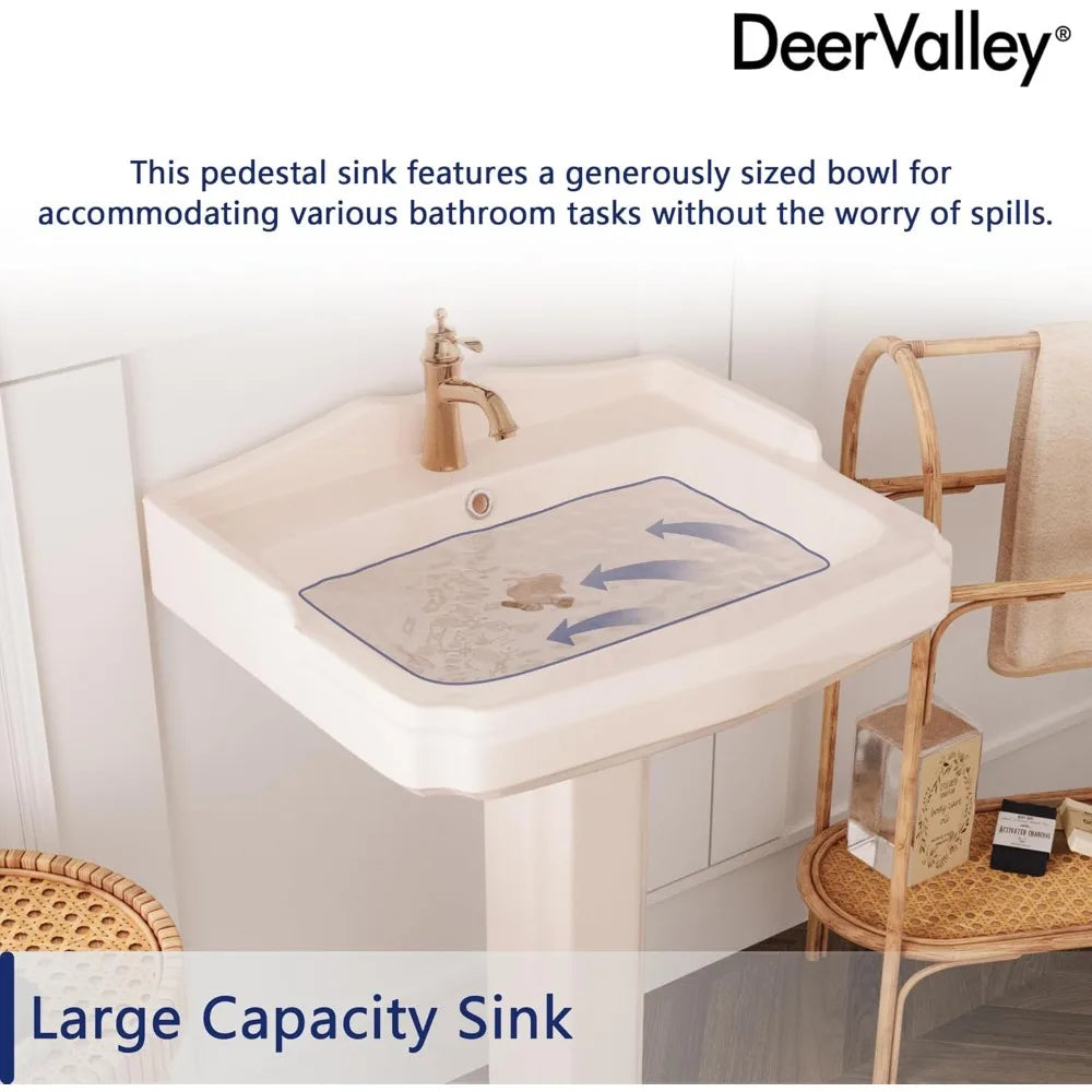 DeerValley - 23" x 19" Inch Bone Color Pedestal Sink Combo, Ceramic Pedestal Sink for Bathroom, with Overflow Hole 1 Faucet Hole