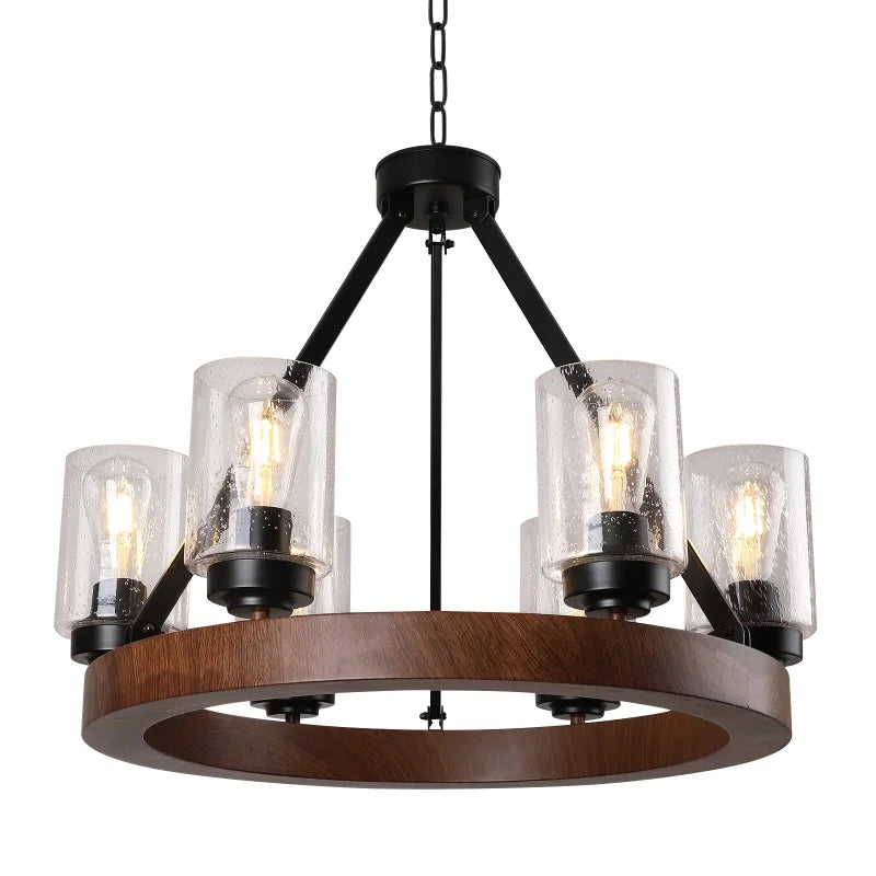 Large Rustic Chandelier with Glass Shades 6-Light Fixture Pendant Lamp for Dining Room and Bedroom Vintage Indoor Ceiling Lights
