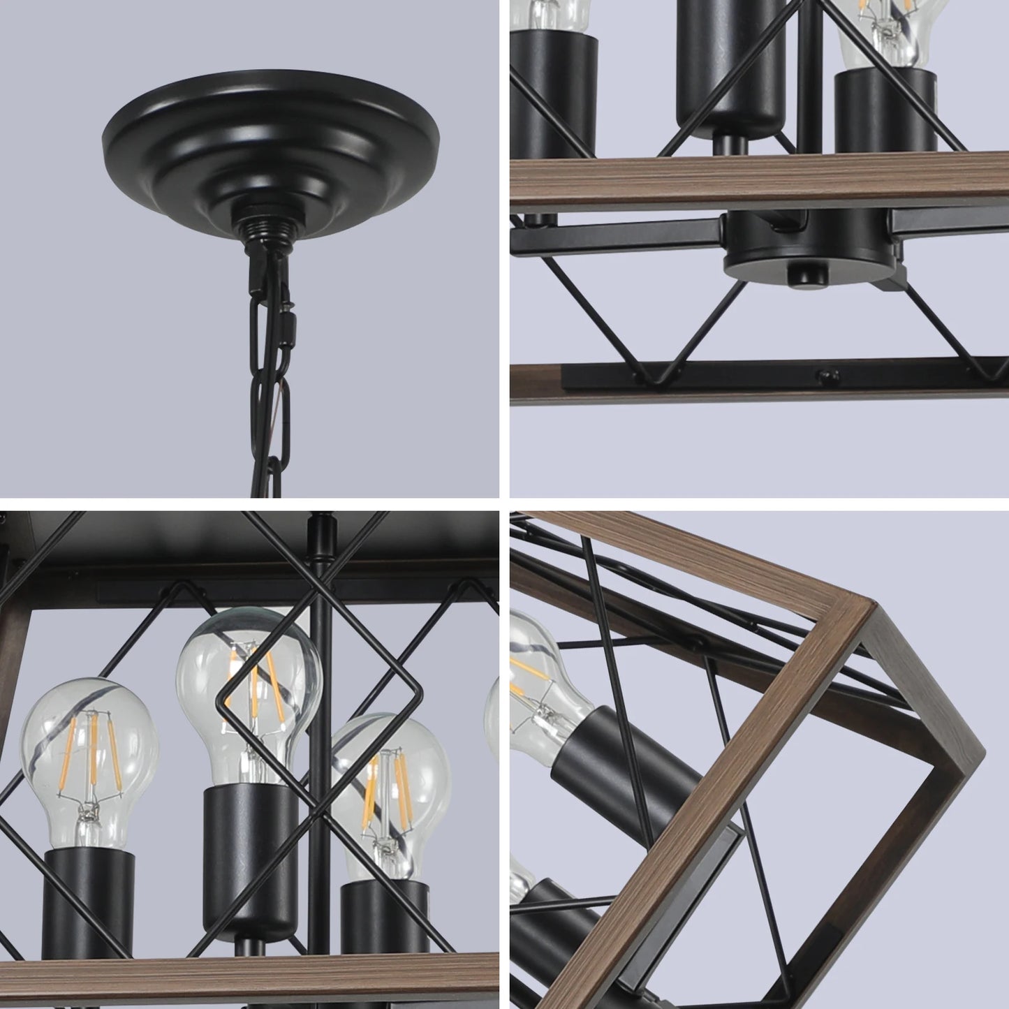 Farmhouse Chandelier 4-Light Retro Chandelier, Suitable for Kitchen, Dining Room, Living Room Walnut Color (No Bulbs)