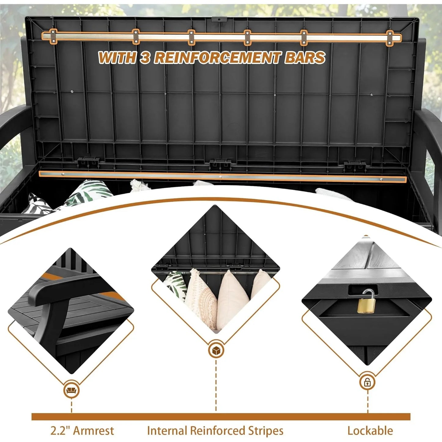 80 Gallon Storage Bench Deck Box Lockable for Patio Furniture, Garden Decor and Outdoor Seating for Cushions, Garden Tool