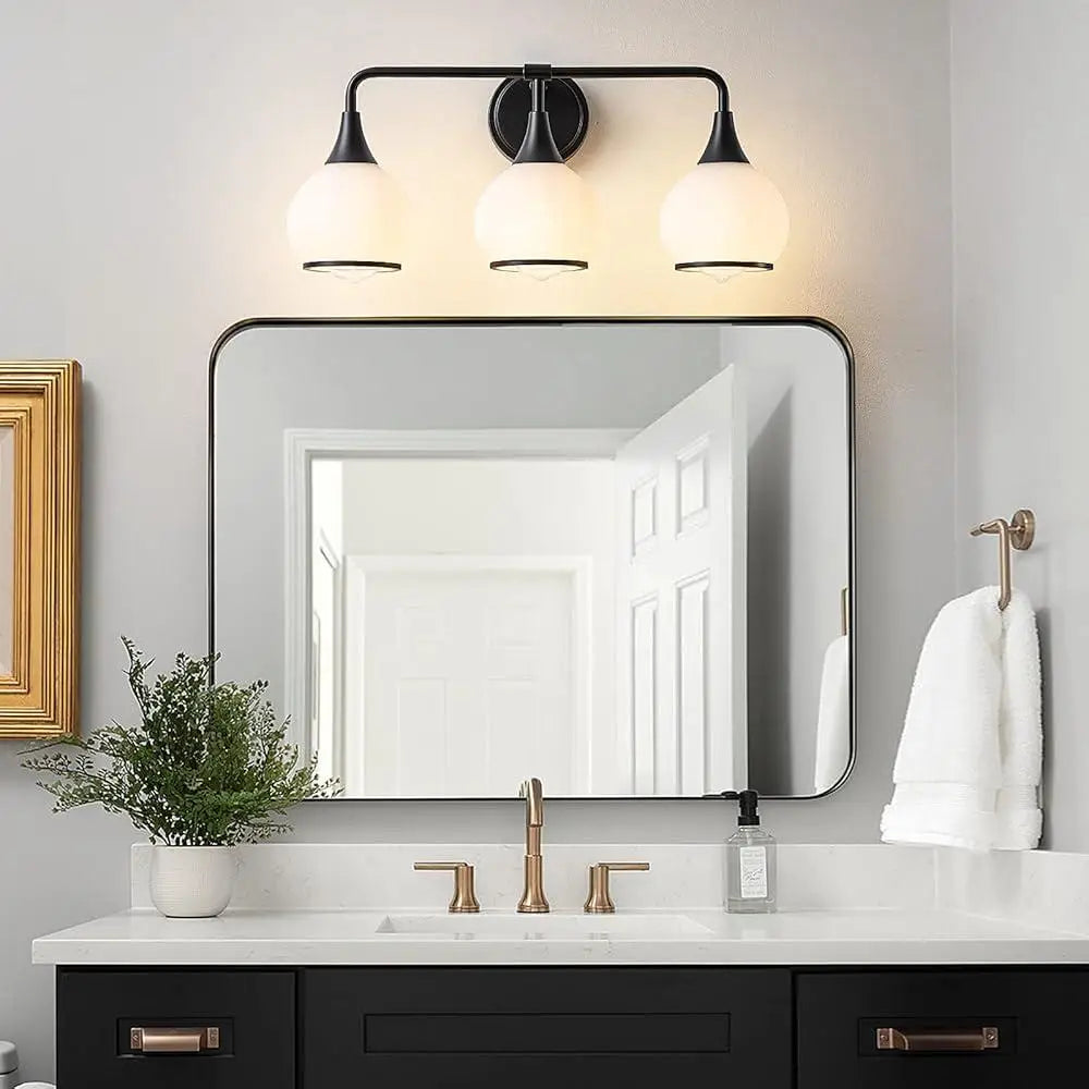 Black 3-Light Vanity Light Fixture Bathroom Wall with Frosted Glass Shades Elegant Home Lighting