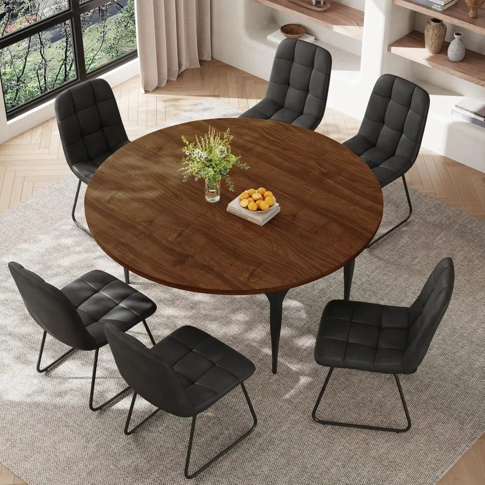 Expandable Folding Dining Table Set, 55-Inch Round to Square Table with 6 Upholstered Chairs, Metal Frame, for Dining Room or