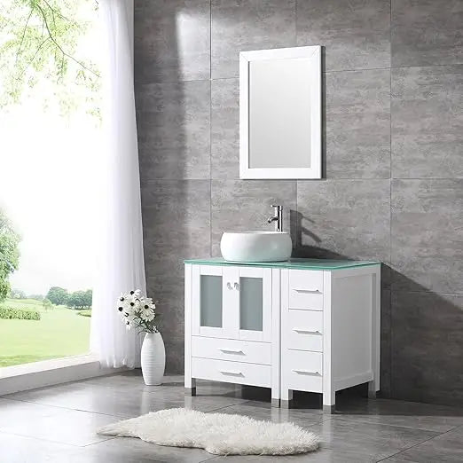 36” White Bathroom Wood Vanity Cabinet Top Ceramic Vessel Sink Faucet Drain Combo with Mirror Vanities Set