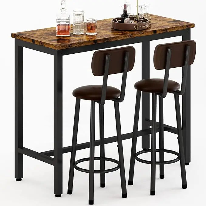Bar Table Set of 2,39.3" Pub Height Table & 2 PU Upholstered Stools with Backrest,Industrial 3 Piece Breakfast Bar Table Sets,f