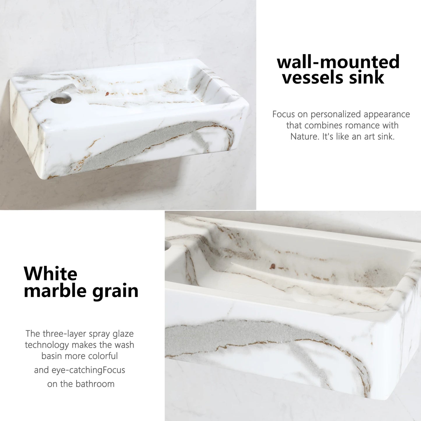 KEMAIDI Wall Mounted Marbling Vessel Sink 15x7 inch Rectangular White Floating Small Bathroom Ceramic Sinks Porcelain Basin Bowl