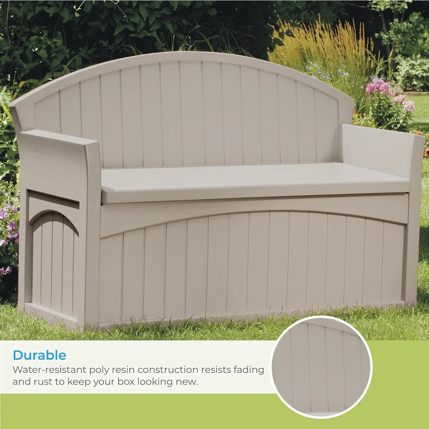 50 Gallon Patio Bench with Storage - Decorative Resin Outdoor Patio Bench for Deck, Patio,Cushions, Tools - Taupe