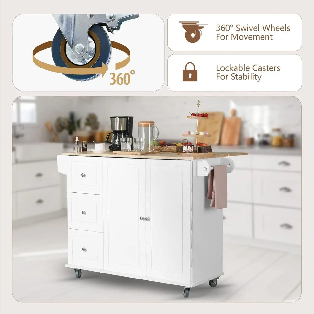 Rolling Kitchen Island on Wheels with Drop-Leaf, Mobile Kitchen Island Cart with 3 Drawers Storage Cabinet, Wood Countertop, Ad
