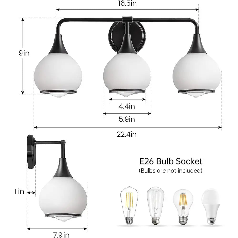 Black 3-Light Vanity Light Fixture Bathroom Wall with Frosted Glass Shades Elegant Home Lighting