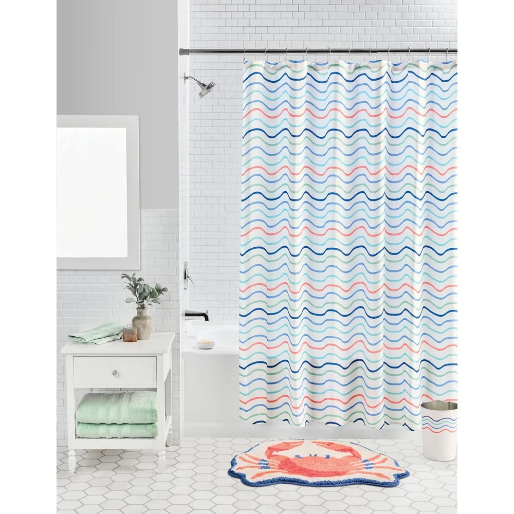 Coastal 13-piece Fabric Shower Curtain Set with Chrome Hooks Wavy Stripe Design Bathroom Privacy and Water Protection
