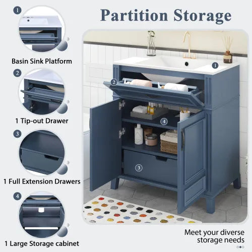 Blue 30'' Bathroom Vanity with Ceramic Sink,Solid Wood Frame Bathroom Storage Cabinet with Soft Closing Doors, Retro tyle