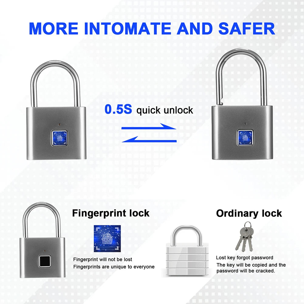Electronic Semiconductor Fingerprint Lock Smart Door Lock Rechargeable Security Padlock for Dormitory Home