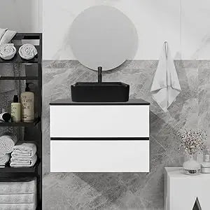 30-Inch Black and White Wall Mounted Bathroom Vanity Cabinet with 2 Drawers and Silver Boat Glass Sink
