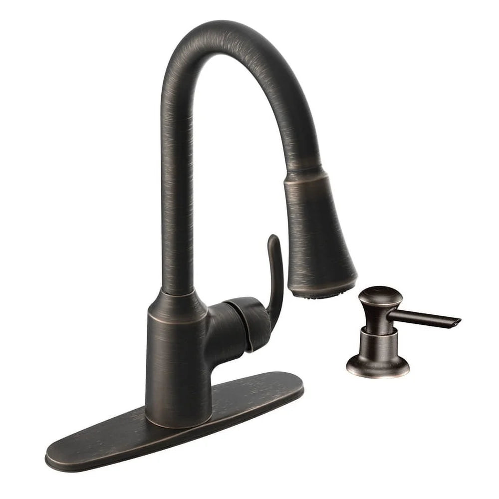 Mediterranean Bronze One-Handle High Arc Pulldown Kitchen Faucet Power Clean Reflex System Easy Installation Soap Dispenser ADA