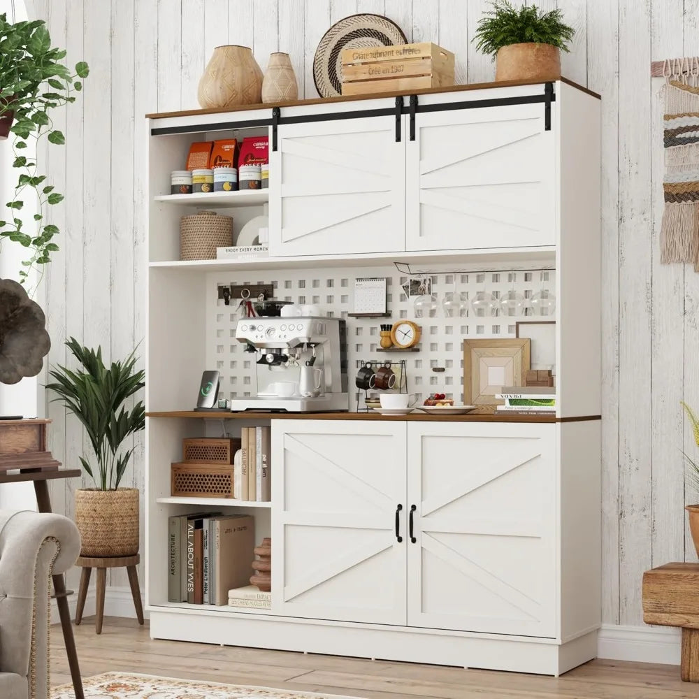 75” Kitchen Pantry Storage Cabinet, Farmhouse Kitchen Hutch Cabinet with Power Outlet,with Microwave Shelf & Wine Rack